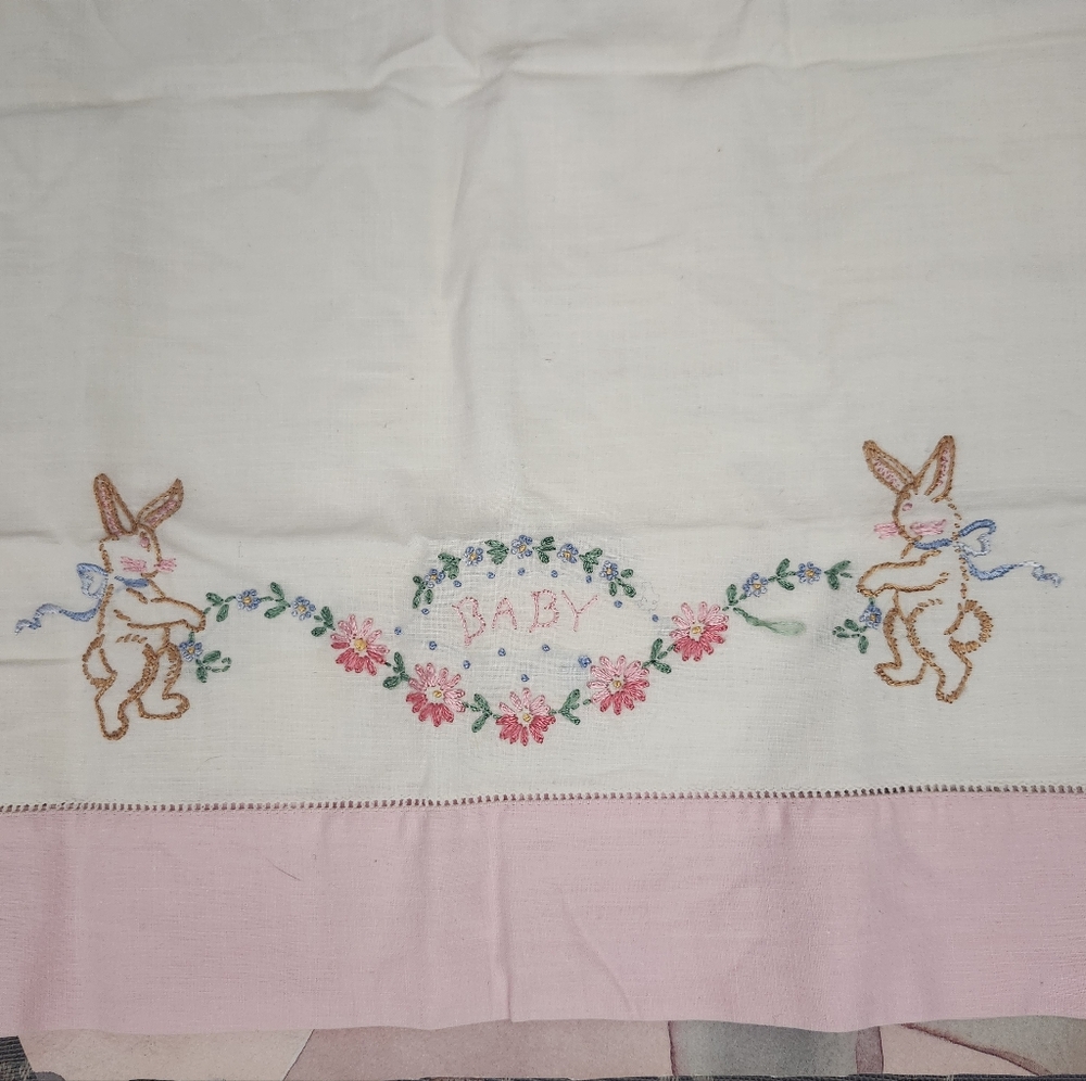 Vintage Embroidered Baby Bedding with Pink Accents